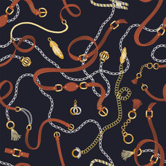 Poster - Seamless pattern with belts, chain and braid for fabric design, accessories on black background. Golden baroque chains pattern. Vector design for fashion prints and wallpapers with decorations