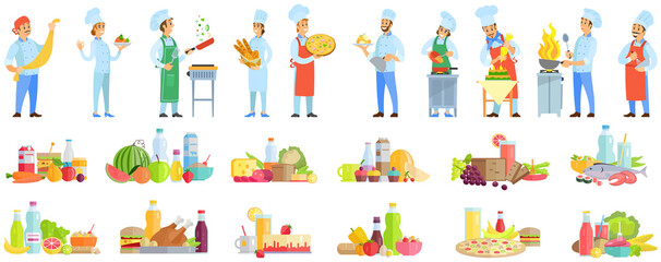 People preparing dish, meal. Chefs work with kitchen equipment to prepare food. Male characters fry with pan, cut vegetables, mix, add ingredients of dish. Set of chefs creating restaurant meal