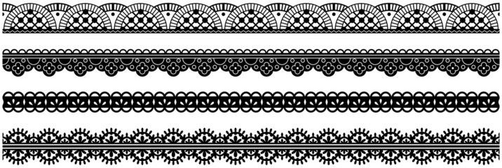 Set of wide lace ribbons with print. Black design elements isolated on white background. Seamless pattern for creating style of card with ornaments. Lace decoration template, ribbons for design