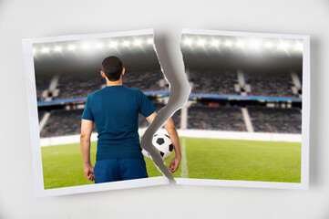 Concept of divorce or transfer of a player with his club. Torn photograph of a soccer player from back with copy space.