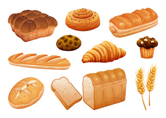 Wall Mural - Bread illustration set. Bakery pastry products isolated on white