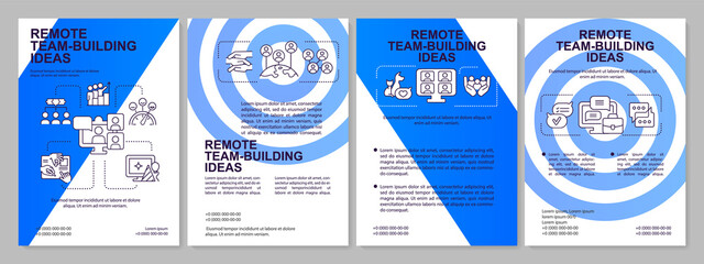 Remote teambuilding ideas blue brochure template. Online cooperation. Leaflet design with linear icons. 4 vector layouts for presentation, annual reports. Arial, Myriad Pro-Regular fonts used