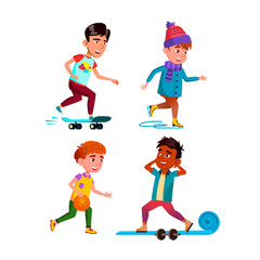 Sticker - School Children Boys Sport Activity Set Vector. Schoolboys Playing Basketball And Training Fitness Exercise, Riding On Skateboard And Skates Sport. Characters Flat Cartoon Illustrations