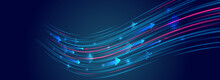 Futuristic Wavy Red-blue Stripes With Arrows. Modern High-tech Background For Presentations And Websites. Abstract Background With Glowing Dynamic Lines.
