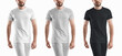 © olegphotor - Set of white, black and grey heather mockup  tracksuit template, shorts with underpants compression line, t-shirt on man, isolated on background.