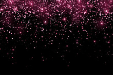 Hot Pink Glitter Holiday Confetti With Glow Lights On Black Background. Vector