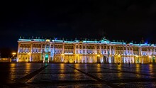 St Petersburg, Russia At Night. Illuminated Winter Palace And Alexander Column At Palace Square With Dark Sky In Saint Petersburg, Russia. Hyperlapse With Dark Sky