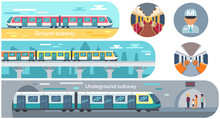 Metro Station And Passenger Train Vector Illustration. Set With Moving Staircase, Navigation, Passenger Seats, Turnstile For Website Infographics. Trains Of Subway, High Speed Public Transport Metro