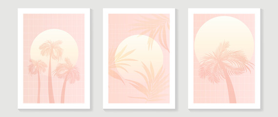 Abstract pastel summer beach wall art template. Pink tone wallpaper design with sun, coconut and palm trees in line art pattern. Sea painting for wall decoration, interior, background, cover, banner.