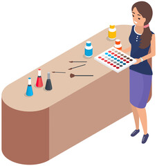 Wall Mural - Lady standing near table with set of makeup tools and holding eyeshadow palette. Decorative cosmetics for face. Stand with elements of cosmetics for face beauty. Woman working as makeup artist