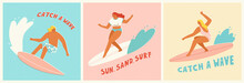Vector Illustration Of Surfing People. Young Surfers Riding Waves On Surfboards. Active Summer Vacation Concept In Trendy Retro Style. Banner Or Card Design.