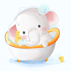 Wall Mural - Cute baby elephant in bathtub with ducks toy illustration