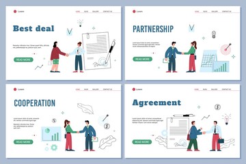 Wall Mural - Hand shake agreement between men and women at office and businesses, flat vector set. Handshake website banner page.