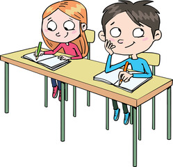 girl and a boy are sitting on a bench in the classroom