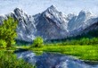 Oil paintings landscape with lake and mountains. Fine art