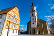 Germany, Neuhausen auf den fildern city place next to old historical church and timbered house on sunny day
