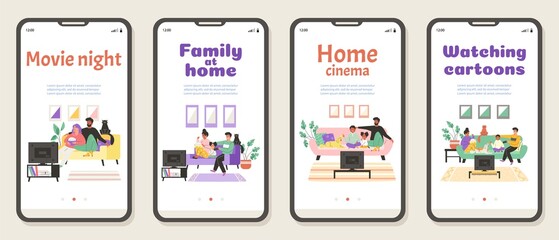 Wall Mural - Family home cinema and TV mobile onboarding pages, flat vector illustration.