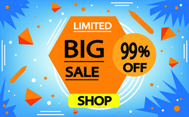 Sale discount banner in blue and orange. 99% off, advertising promotion banner. Creative background, graphic design elements. Special offer.