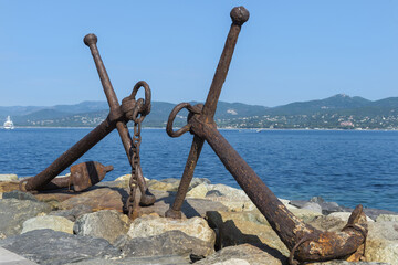 Anchors, Jean Reveille breakwater, Saint Tropez, Var, Provence  region, France