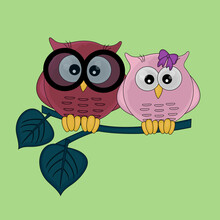 Cute Owls Sitting On A Branch, Isolated On A Green Background. Owl Couple Female And Male.v