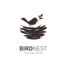 Nest Logo Illustration Silhouette Bird And Leaf. Birdhouse Symbol 