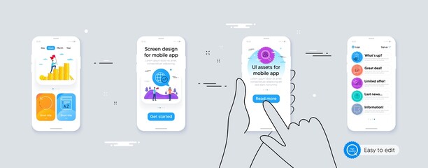 Set of Vocabulary, Recovery data and Search employees line icons. Phone ui interface. Include Growth chart, Accounting, Architectural plan icons. Vector