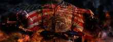 Military Heroes, Us Army Soldier Holding A Folded American Flag With A Fast Army Helmet In Memory Of The Lost Veterans In War, Double Exposure Image Of Flag And Veterans  During War In Background