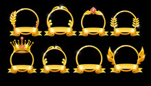 Gold Winner Frame Set, King Crown On Black, Vector Award Laurel Wreath Kit, Circle Trophy Emblem. UI Game Level Up Achievement, Victory Ribbon, User Avatar Ranking Badge. Decorative Winner Frame