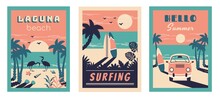 Set Of Summer Beach Vintage Card. Summer Background. Tropical Seascape With Silhouettes Of Bus,  Palm Leaves, Flamingo, Surfboards, Starfish, Seashells. Vector Flat Illustration For Travel, Holidays, 