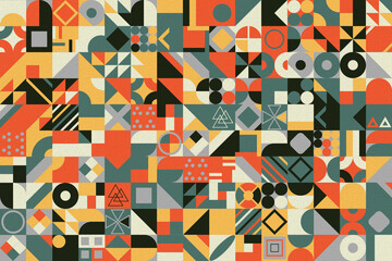 Wall Mural - Retro pattern of different shapes. Colorful vector mosaic backdrop. Geometric hipster retro background.
