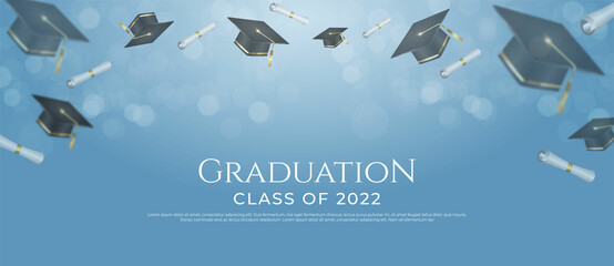 Wall Mural - Realistic banner graduation flying caps with paper certificate