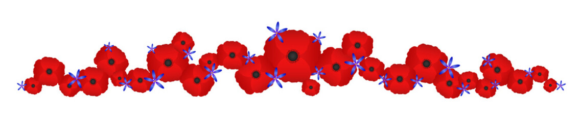 Banner with red poppies at blue flowers on a white background. Symbols of Ukraine and freedom