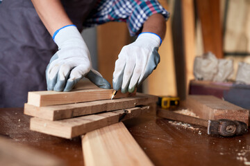 Business woman working as carpenter in a small carpentry workshop. Female carpenter working in carpentry shop with pencil drawing sign on plank. Girl professional high skill workman.