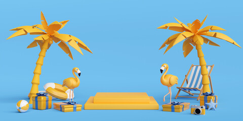 Wall Mural - 3d illustration of podium summer concept with flamingo and gift box and beach accessories