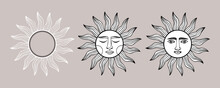 A Set Of Esoteric Symbols Of Sun. Alchemical Or Mystical Magic Elements For Tarot Cards, Banners, Posters, Brochures, Stickers. Esoteric Astrological Symbols. Line Art