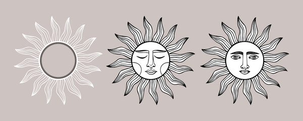 A set of esoteric symbols of sun. Alchemical or mystical magic elements for tarot cards, banners, posters, brochures, stickers. Esoteric astrological symbols. Line art