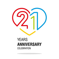 Wall Mural - 21 years anniversary celebration decoration colorful number bounded by a loving heart modern love line design logo icon white background
