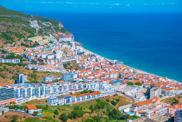 Wall Mural - Aerial view of Portuguese coastal town Sesimbra