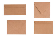 Brown Kraft Paper Envelope Of Four Different Types Isolated On White Background For Your Design Project. Letter, Top View