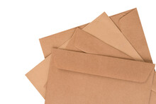 Set Of Brown Kraft Paper Envelopes With Clipping Path Of Different Types Isolated On White Background For Your Design Project. Letter, Top View. Mockup