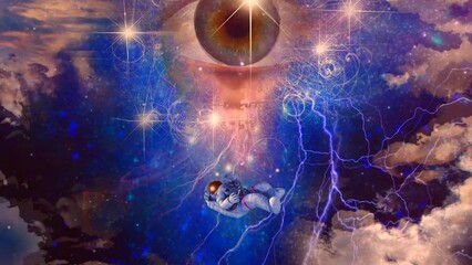 astronaut before the eye of creator. animated video