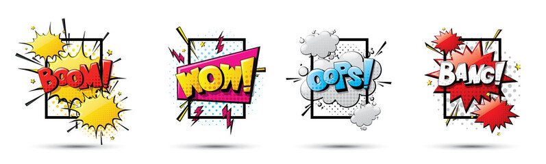 comic pop art frame abstract logo wow, boom, oops, bang . collection comic design in the style of po