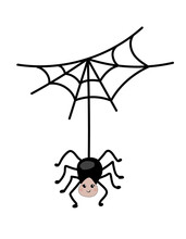 A Spider Crawls On A Web In A Cartoon Style On A White Background