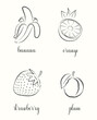 Hand draw frutis, set. Banana, Orange, Strawberry, Plum