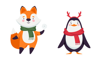 Canvas Print - Cute Christmas characters set. Adorable funny penguin and fox cartoon vector illustration