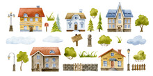 Houses Watercolor Set. Hand Drawn Collection Of Cottages. Bundle With Old Buildings, Trees And Lamps. Isolated Elements On White Background