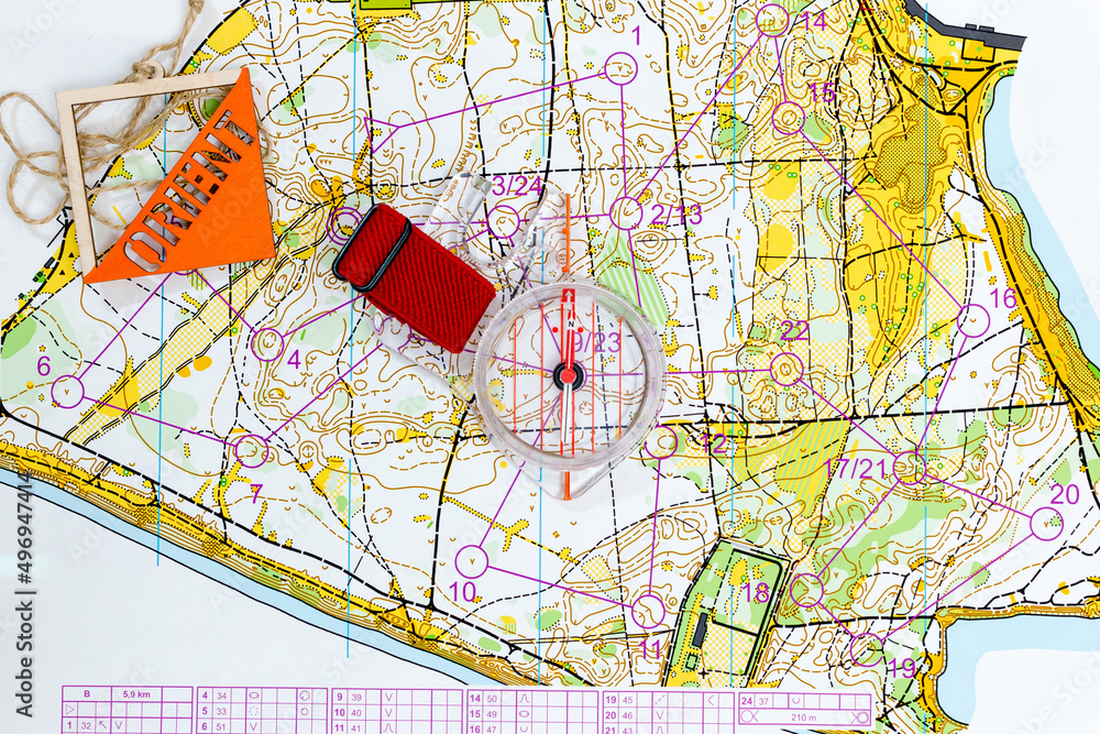 Flatlay Orienteering Topographic Map Magnetic Compass And Orient
