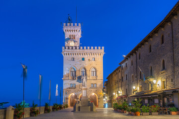 Sunrise view of the Palazzo Pubblico (Public Palace) - town hall of the City of San Marino situated on piazza della liberta.