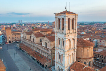 Sunrise aerial view of Piazza Trento e Triste in Italian town Ferrara