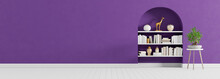 Mock Up, Empty Purple Living Room, Interior Design With Bookshelf 3D Render 3D Illustration